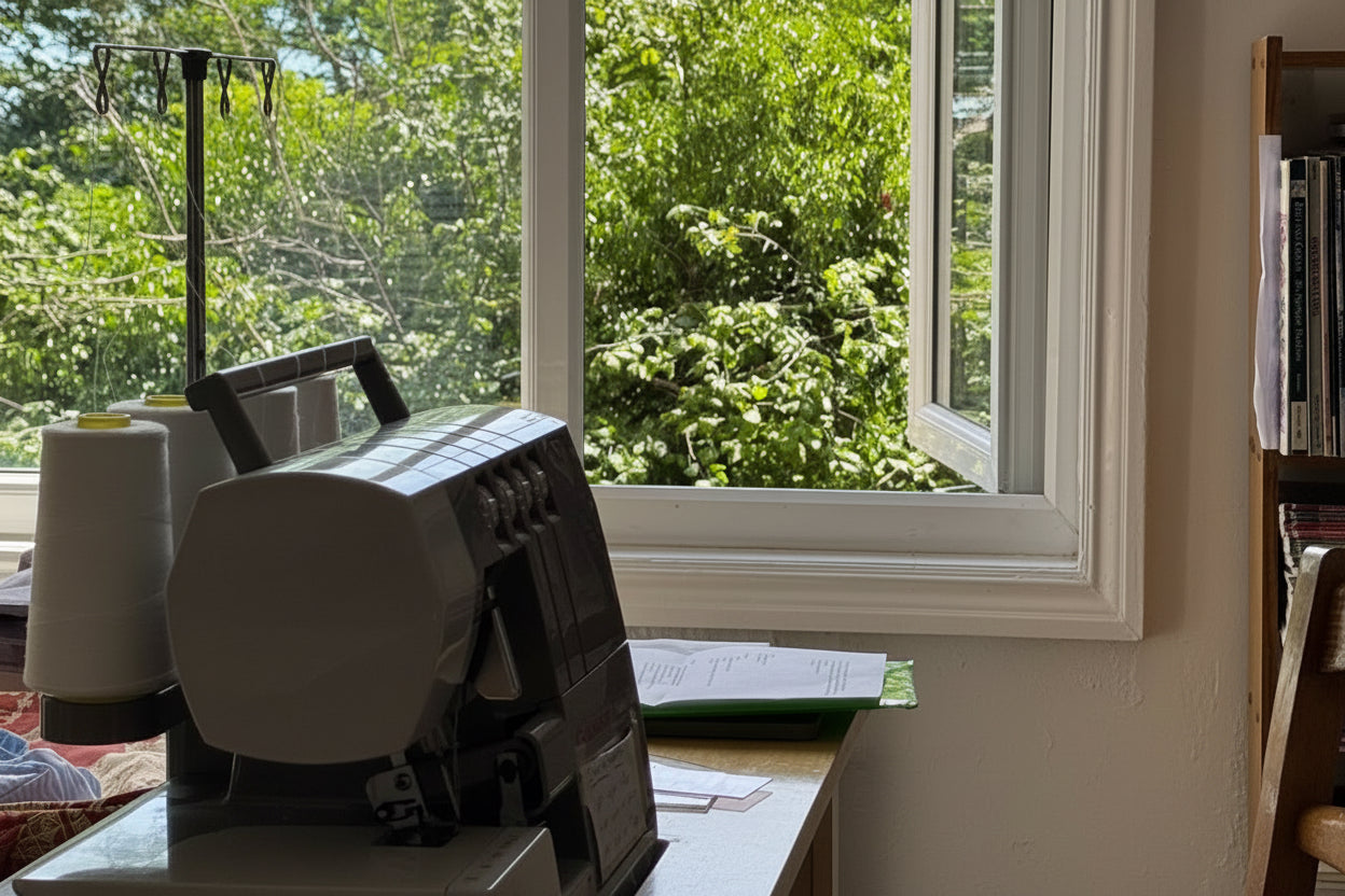Desk with sewing machine and lamp near a window with greenery outside